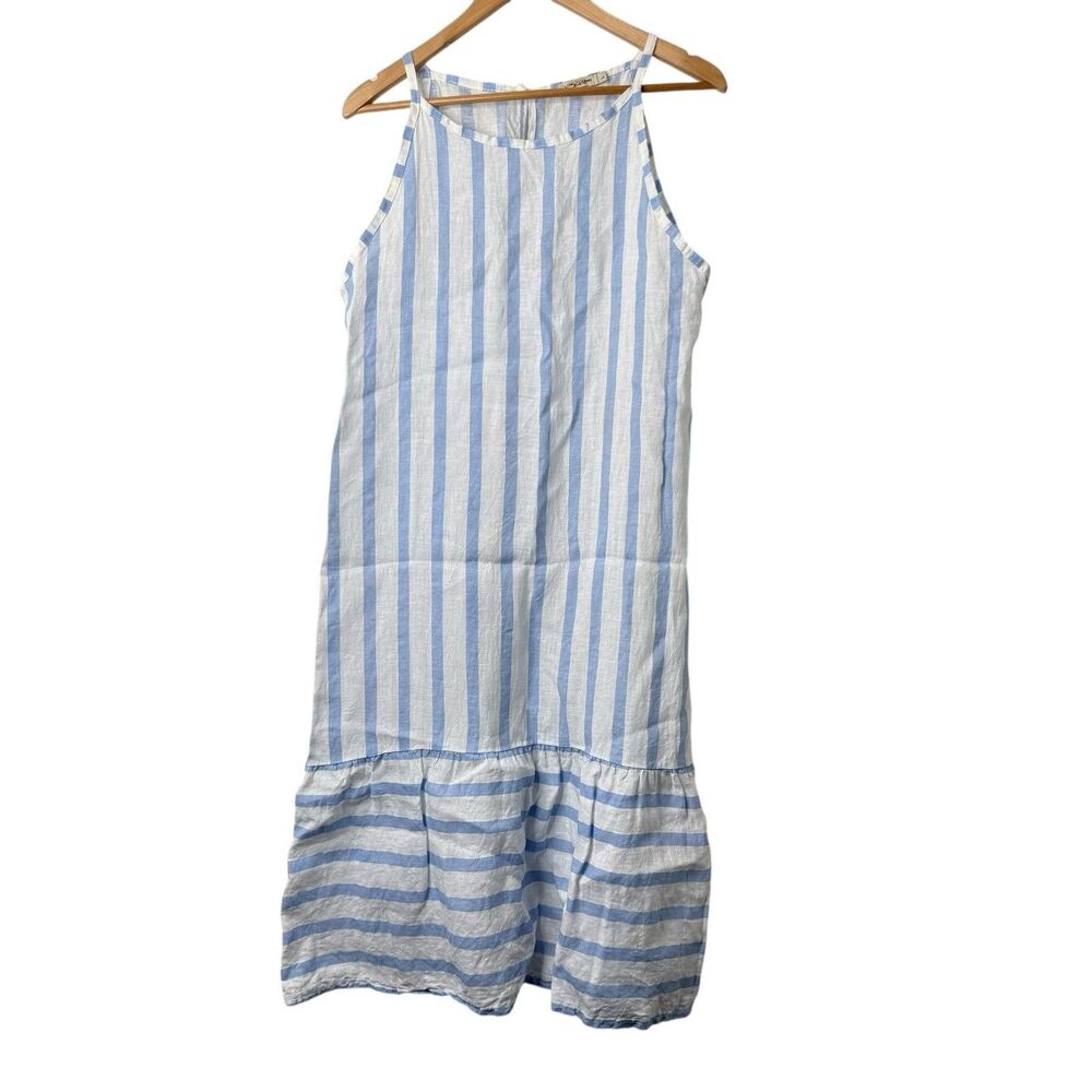 Lungo L’Arno Blue White Stripe 100% Linen Flounce Midi Dress L Coastal Beachy